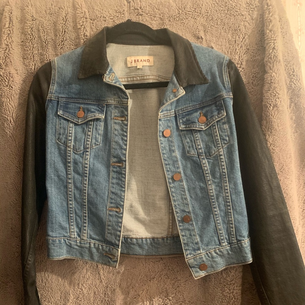 J Brand Denim Jacket with Leather Sleeves